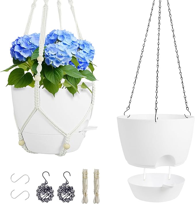 10 inch Self Watering Hanging Planters, 2 Pack Hanging Flower Pots for Indoor Outdoor Plants, Hanging Baskets with Drainage Holes & 2 Kinds of Plant Hangers for Garden Home Decor, White-HomvellaHome