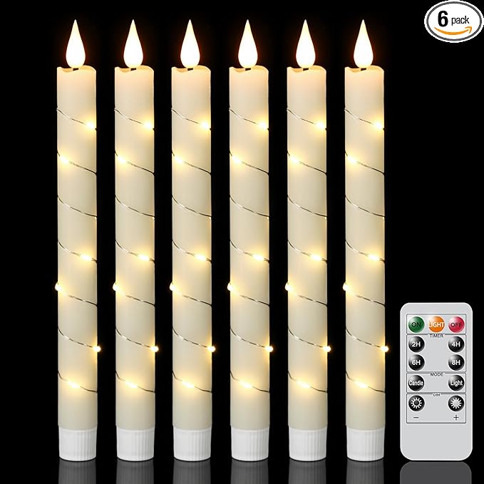 GenSwin Flameless Taper Candles with Remote and String Lights, Ivory Real Wax Taper Candles Battery Operated, LED Flameless Battery Candlesticks for Home Holiday Decor(Set of 6)-HomvellaHome