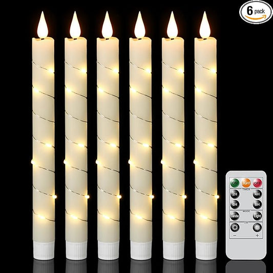 GenSwin Flameless Taper Candles with Remote and String Lights, Ivory Real Wax Taper Candles Battery Operated, LED Flameless Battery Candlesticks for Home Holiday Decor(Set of 6)-HomvellaHome