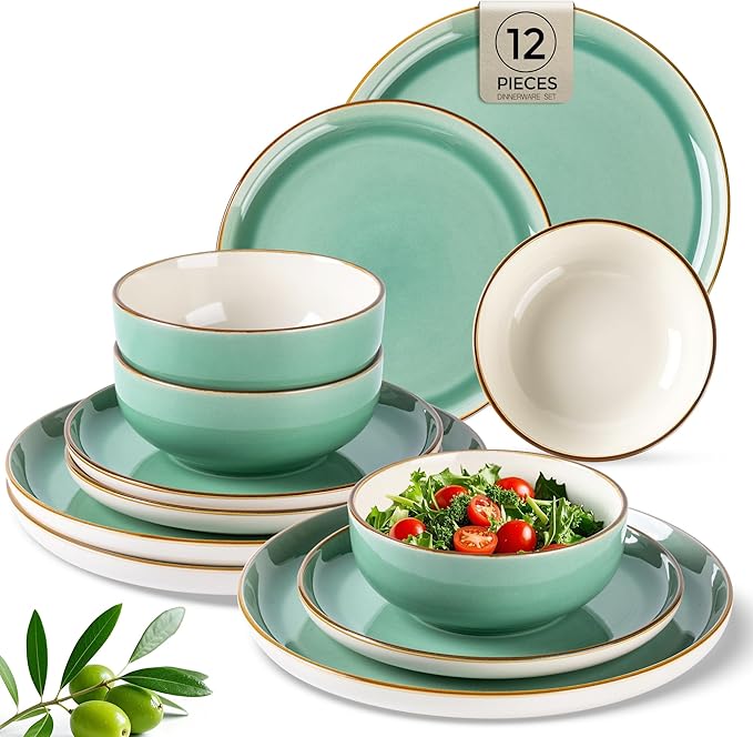 GBHOME Ceramic Dinnerware Sets, 12 Pieces Stoneware Dinnerware Set, Plates and Bowls Sets, Dishwasher & Microwave Safe,Dishes Set | Service for 4-HomvellaHome