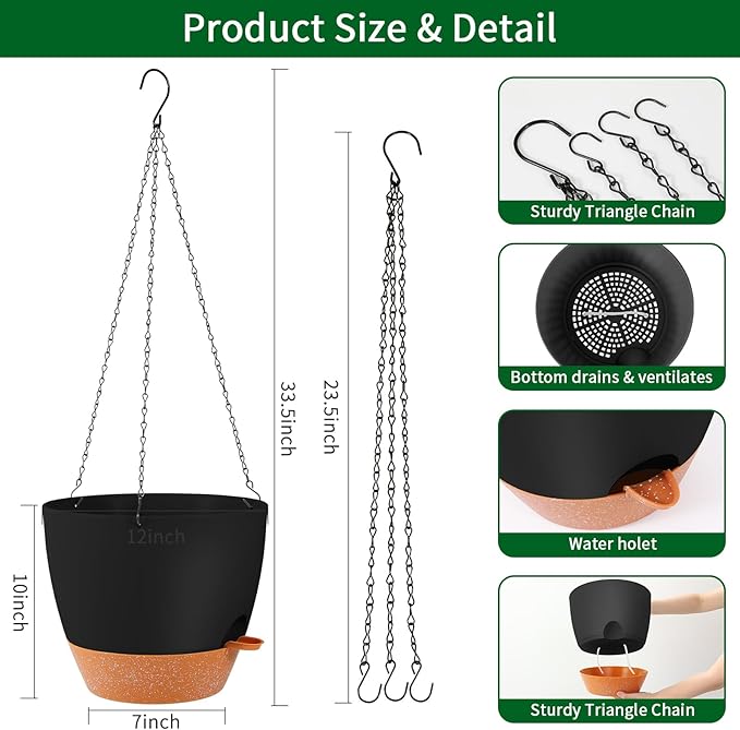 GARDIFE Large Hanging Planter, 12 inch Hanging planters for Indoor. Outdoor Plants, Self Watering Plant Pot, Plant Hanger, Black-HomvellaHome