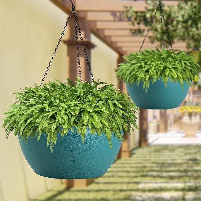 13 inch Large Hanging Planters Plant Pots for Outdoor Indoor Plants with Drainage Holes and Chain, 2 Pack Round Hanging Flower Pots for Garden Home Porch Decor, Blue Green-HomvellaHome