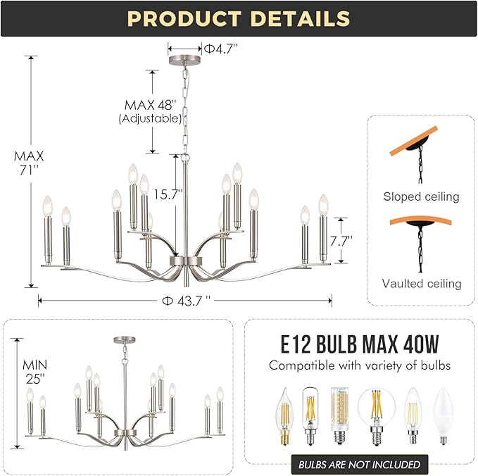 12 Light Nickel Living Room Chandelier High Ceiling Foyer Candle Chandelier Large Modern 44in Metal Chandeliers Hanging Light for Master Bedroom Dining Room Light Fixture Over Table-HomvellaHome