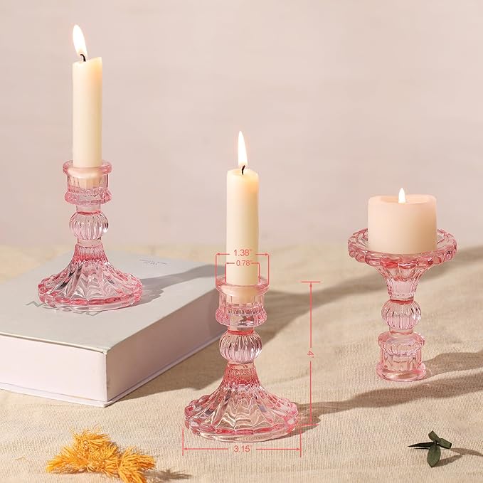 12PCS Pink Candlestick Holders Set- 4" H Taper Candle Holders, Glass Candle Holders Bulk for Wedding, Party, Home Table Centerpieces, Festival Gifts & Windowsill Decor-HomvellaHome