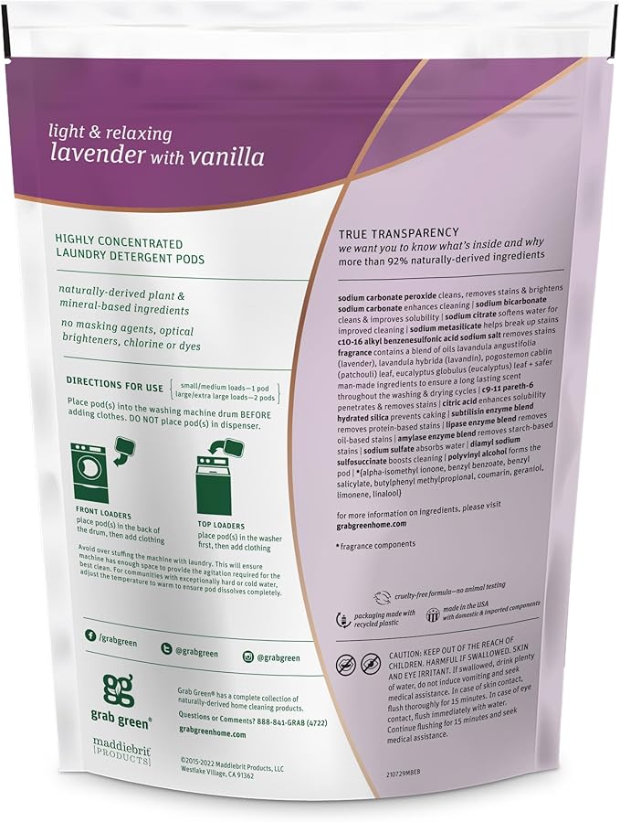 Grab Green 3-in-1 Laundry Detergent Pods, 24 Count, Lavender Vanilla Scent, Plant and Mineral Based, Superior Cleaning Power, Stain Remover, Brightens Clothes-HomvellaHome