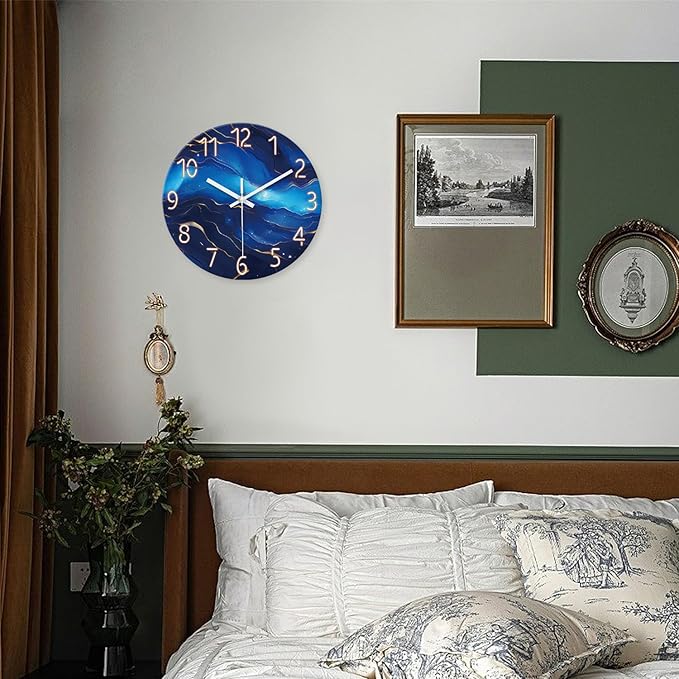 Glass Blue Wall Clocks Battery Operated 16 Inch Marble Pattern Big Clock for Office Abstract Silent Wall Clock Non Ticking-HomvellaHome