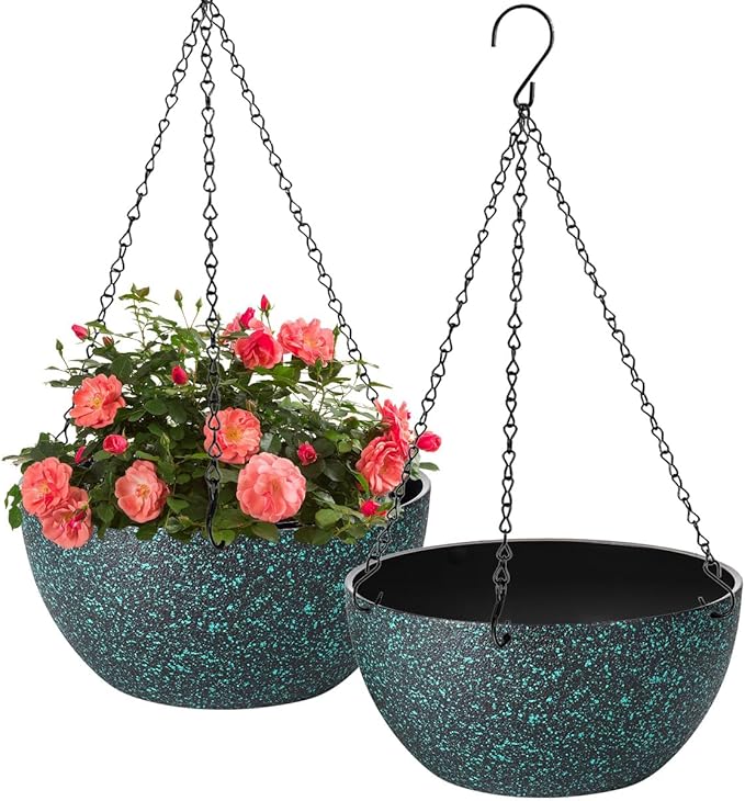 12 inch Hanging Planters for Indoor Plants, 2 Pack Planters for Outdoor Plants with Drainage Holes and Chain, Round Plastic Hanging Baskets, Hanging Flower Pots for Balcony Garden Decor-Black Speckle-HomvellaHome