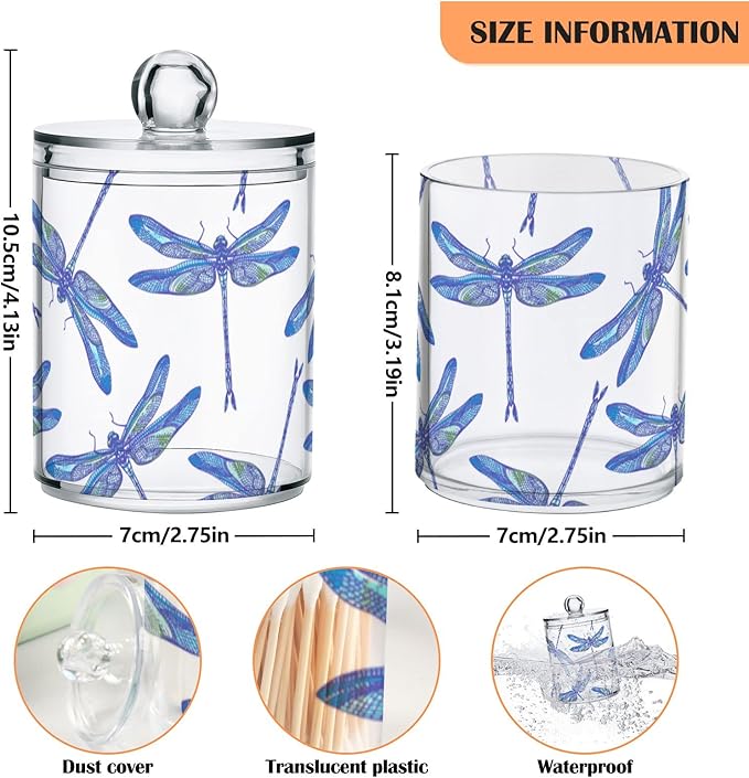 2 Pack Qtip Holder Organizer Dispenser Dragonflies Bathroom Storage Canister Cotton Ball Holder Container for Cotton Swabs/Pads/Floss-HomvellaHome