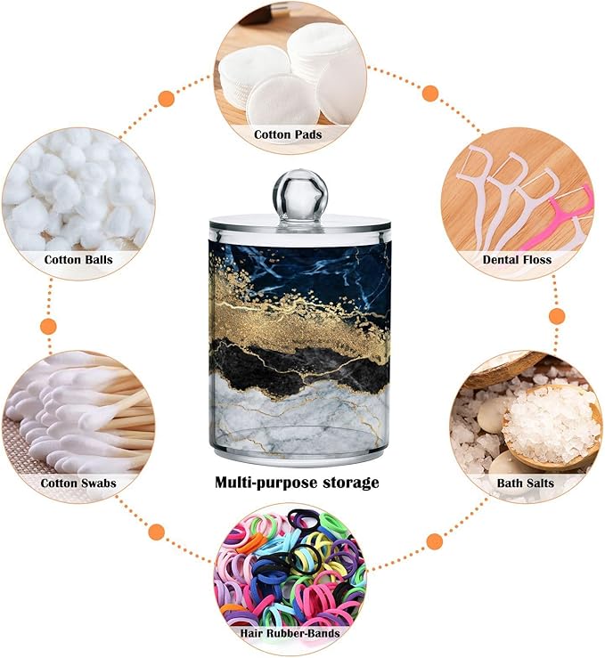 2 Pack Qtip Holder Dispenser Navy Blue Marble Bathroom Storage Canister Lid Acrylic Plastic Apothecary Jar Set Vanity Makeup Organizer for Cotton Swabs/Pads/Floss-HomvellaHome