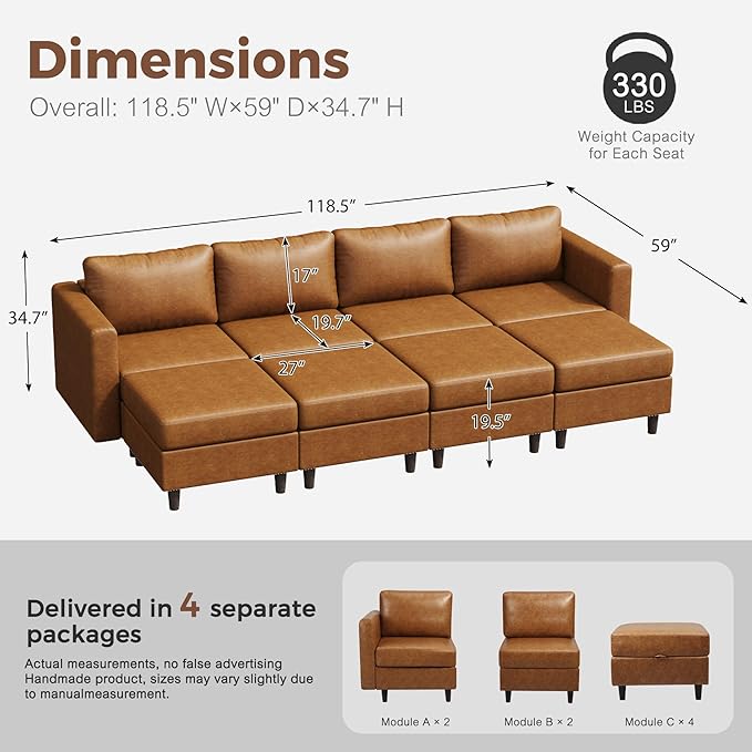 118.5" Luxury Modular Sleeper Sofa Bed with Storage Seat, 8 Seat Sectional Couch Deep Seat with Reversible Chaises & Removable Cover - Brown Faux Leather-HomvellaHome