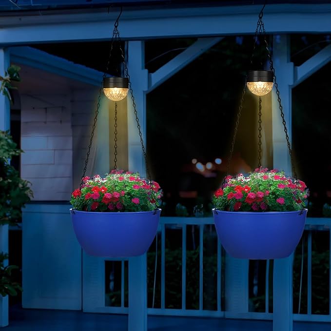 2 Packs Hanging Planters Basket for Outdoor Plants, Solar Powered Self Watering Blue Round Plastic Flower Pots with Drainer for Balcony Patio Garden Outdoor Decoration-HomvellaHome