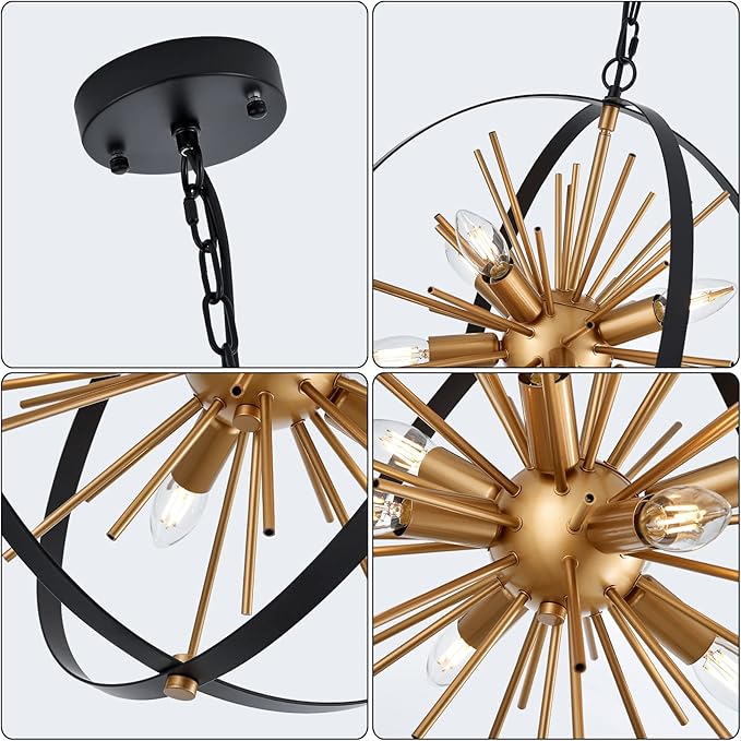 17.72'' Black Gold 8-Light Globe Sputnik Chandelier Modern Industrial Adjustable Hanging Ceiling Firework Pendant Light Fixture for Entryway Stairway Kitchen Dining Living Room Hallway-HomvellaHome