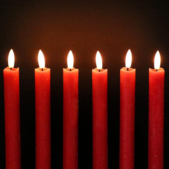 GenSwin Flameless Red Taper Candles Flickering with 10-Key Remote, Battery Operated Led Warm 3D Wick Light Window Candles Real Wax Pack of 6, Christmas Home Wedding Decor(0.78 X 9.64 Inch)-HomvellaHome