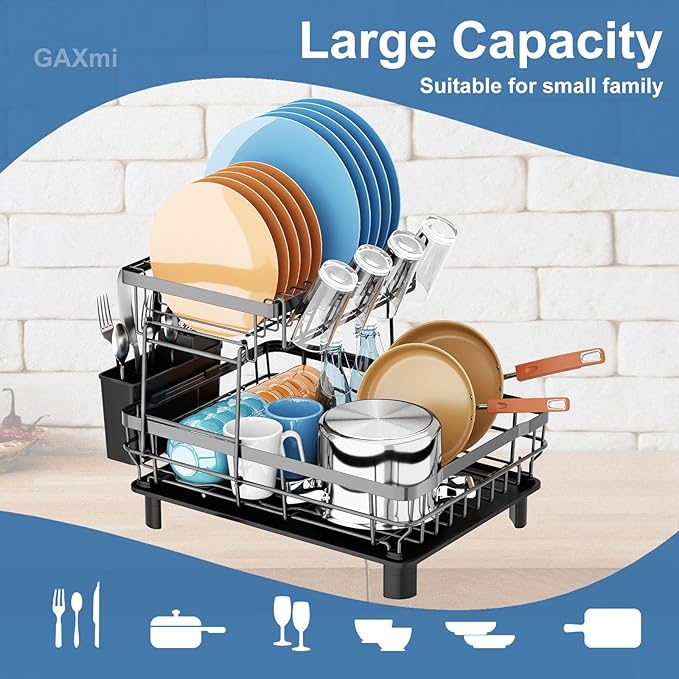 GAXmi Dish Drying Rack Over The Sink Dish Drainer with Drainboard Utensil Holder Cup Holder, 2-Tier Grey-HomvellaHome