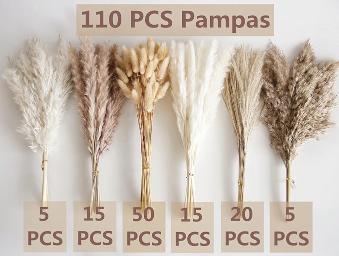 110 PCS Dried Pampas Grass Bouquet, Boho Table Decor, Bunny Tails Dried Flowers, Brown Pompas, White Pampas Grass for Wedding, Home, Rustic Party, Baby Shower Decorations-HomvellaHome