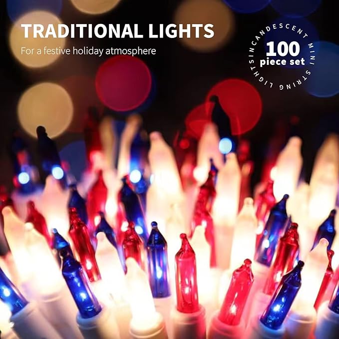 100LIGHTS RED White and Blue Extra-Bright with End Connectors 4th July Decoration Patriotic Mini String Lights 5.98m UL Certified Waterproof for Home Garden Holiday Tree Party Patio-HomvellaHome