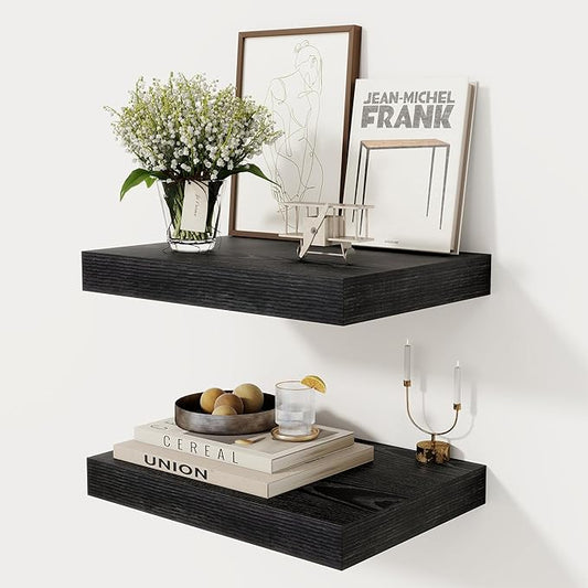 12 Inch Deep Black Floating Shelves, 16 x 12 Floating Shelf for Books, Rustic Wood Deep Wall Shelves for Home Storage & Display, 2" Thicked Shelves for Kitchen, Living Room, Bedroom, 2 Pack-HomvellaHome
