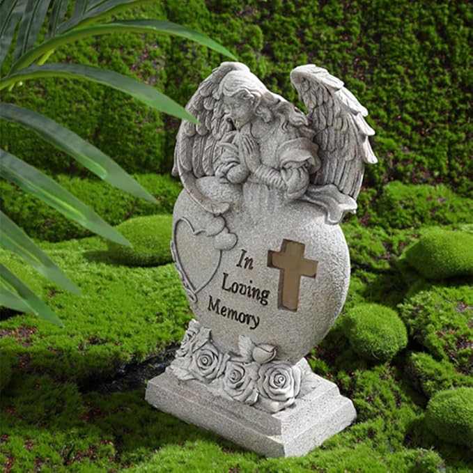 Garden Angel Statue with Cross Solar LED Light, Memorial Gifts for Loved Ones, Cemetery Grave Decorations-HomvellaHome