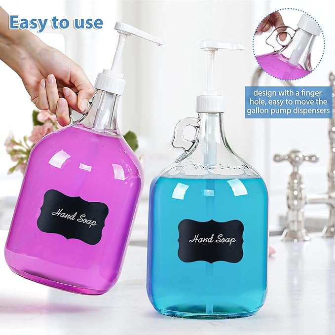 2 Pack Gallon Glass Pump Bottle Dispensers with 3 Pumps and 2 Airtight Lids, Laundry Soap Dispensers with 1 Funnel, Liquid Laundry Detergent Dispensers for Fabric Softener, Shampoo, Body Wash-HomvellaHome