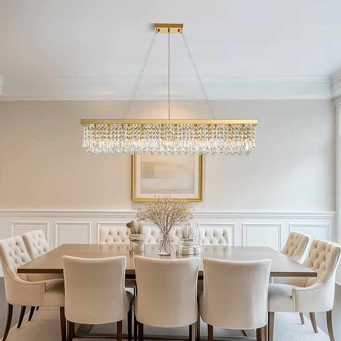 10 Lights Modern Crystal Chandelier, Gold K9 Rectangle Rectangular Chandeliers,Luxury Flush Mount Pendant Ceiling Light for Dining Room Kitchen Island L47''xW10''xH10''-HomvellaHome