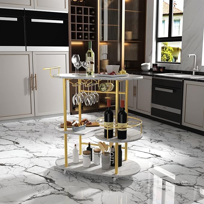 Gold Bar Carts with 4-Tier Storage Shelves, Mobile Bar Serving Cart with Wine Rack and Glass Holder, for The Home, Kitchen, Living Room, Dining Room-HomvellaHome