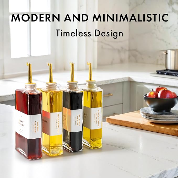 Glass Olive Oil Dispenser Bottle Set [4x12oz]: 36 Premium Gold Labels, Oil Dispenser for kitchen, Vinegar Bottle Set, Glass Dispensers for Soy Sauce, Syrup Bottles | Set of 4-HomvellaHome