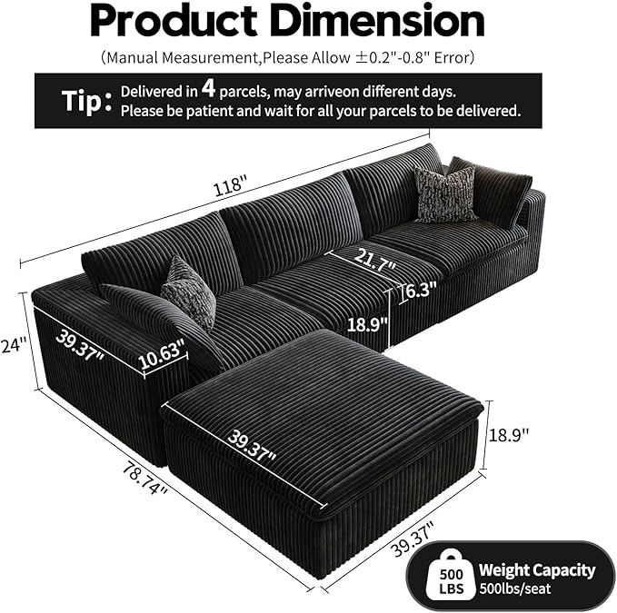 118" Cloud Couch Modular Sectional Sofa for Living Room,Modern Sofa with Deep Seat，L-Shape Boneless Couch with Ottoman,Comfy Upholstered Corduroy Couches for Apartment, Studio, Office,Bedroom，Black-HomvellaHome