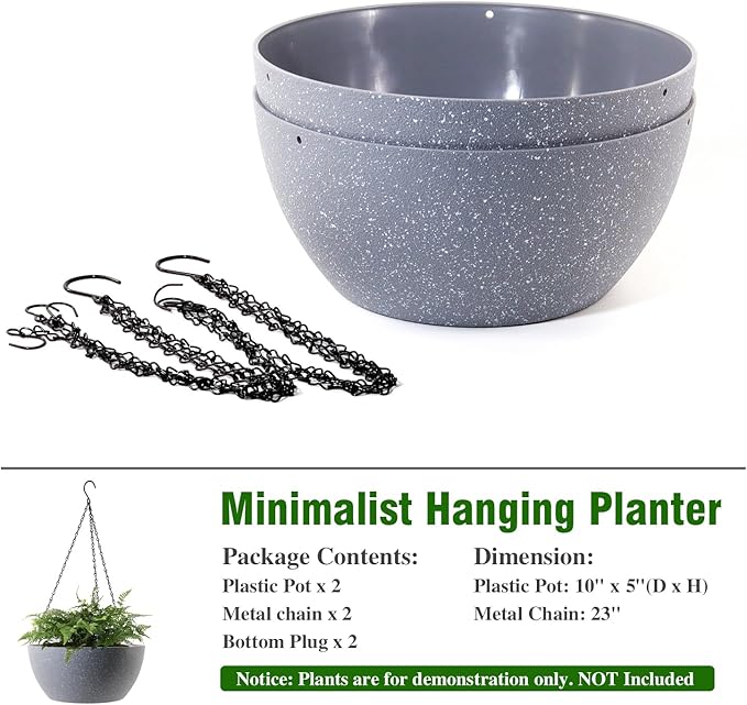 10 inch Hanging Planters for Outdoor Indoor Plants with Drainage Holes and Chain, 2 Pack Round Hanging Flower Plant Pots for Garden Home Porch Decor, Speckled Grey-HomvellaHome