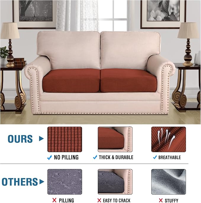 H.VERSAILTEX Super Stretch Individual Seat Cushion Covers Sofa Covers Couch Cushion Covers Slipcover Sets Thick Jacquard Textured Twill Fabric (2 Piece Medium Sofa Cushion Covers, Rust)-HomvellaHome