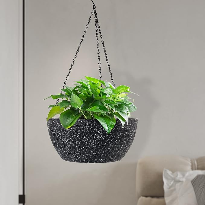 10 inch Hanging Planters for Outdoor Indoor Plants with Drainage Holes and Chain, 2 Pack Round Hanging Flower Pots for Garden Home Porch Decor, Speckled Black-HomvellaHome