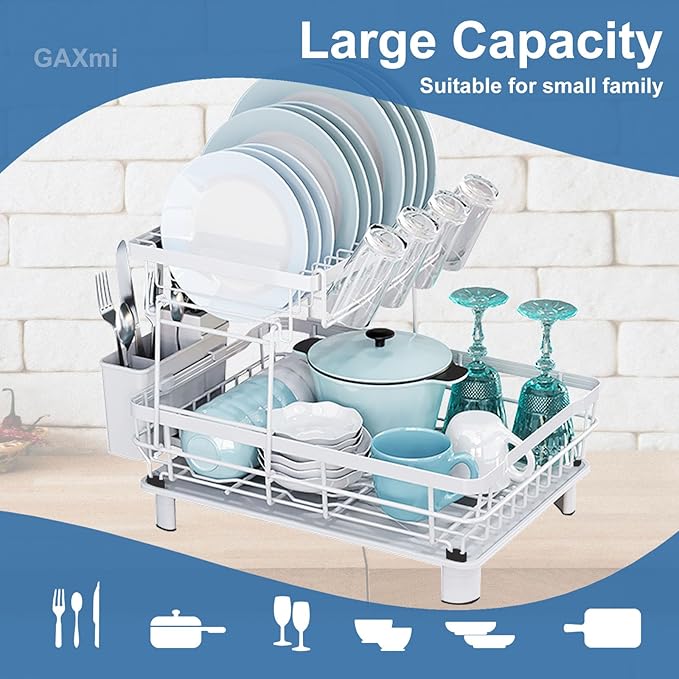 GAXmi Dish Drying Rack Over The Sink Drainer with Drainboard Utensil Holder Cup Holder, 2-Tier White-HomvellaHome