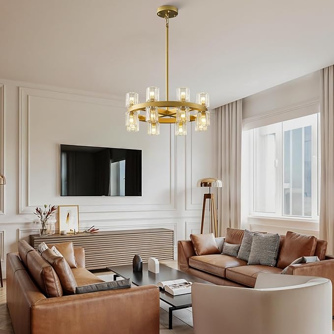 Gold Chandelier Light Fixture Kitchen and Dining, 16-Lights Modern Chandeliers for Dining Room, 18" Farmhouse Kitchen Pendant Lights Over Table, Crystal Wagon Wheel Chandelier(Bulbs Included)-HomvellaHome