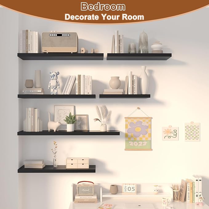 12 Inch Deep Floating Shelves for Wall 2 Pack Floating Shelves Large Storage Space Wall Mount Shelf for Living Room Kitchen Bathroom 36" W x 12" D x 1.2" H Black-HomvellaHome