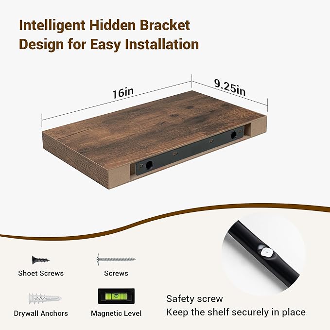 16 Inch Floating Shelves, 16"x9.25"x1.5" Inch Deep Floating Shelves for Wall, Wooden Shelves for Bathroom, Bedroom, Living Room, Brown-HomvellaHome
