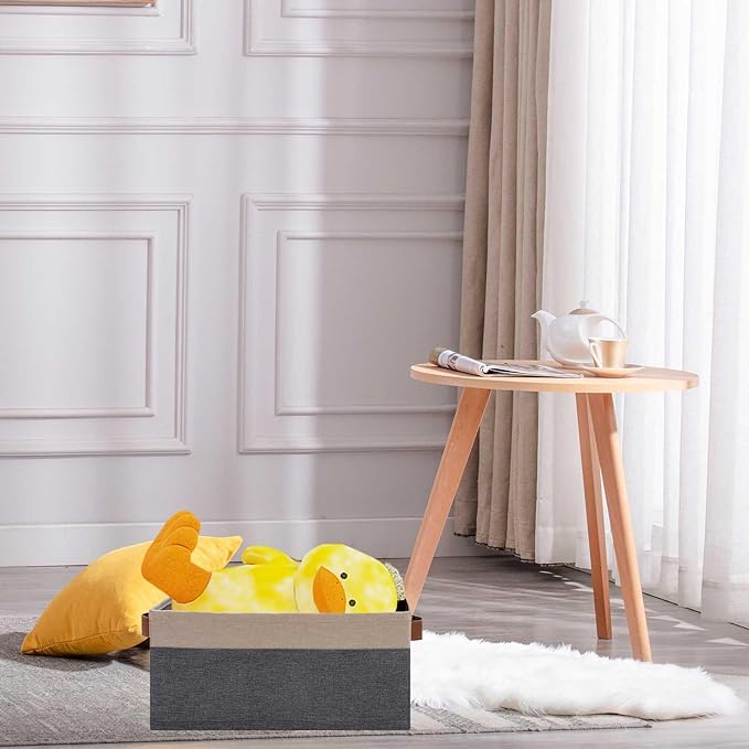 GhvyenntteS Small Fabric Storage Bins 6 Pack, 11.8" x 7.87" x 5.11" Storage Basket with Leather Handles, Closet Storage Bins for Shelves, Storage Baskets for Shelves, DVD Storage (Grey/Beige Yellow)-HomvellaHome