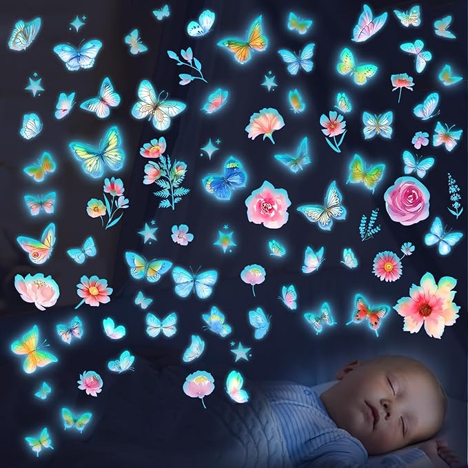 Glow in The Dark Butterfly Flower Wall Decals Glowing Luminous Butterflies Removable Self-Adhesive Wall Stickers for Girls Bedroom Nursery Living Room Decor 4 Sheets (Butterfly 3)-HomvellaHome