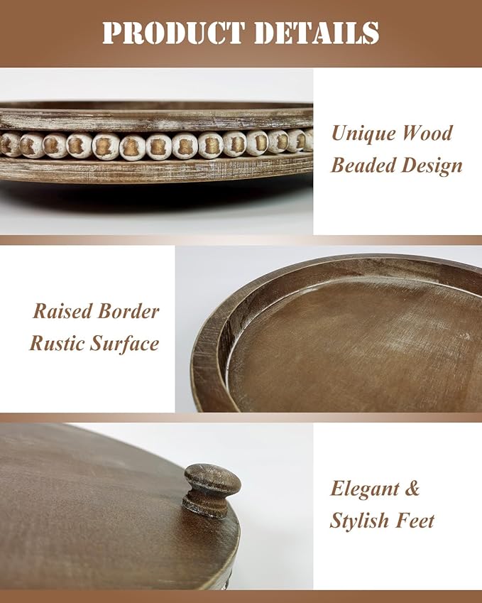 12 Inches Rustic Wooden Decorative Tray, Small Round Beaded Wood Tray for Kitchen Dinning Table Centerpiece Decor Entryway Living Room Home Decor, Brown-HomvellaHome