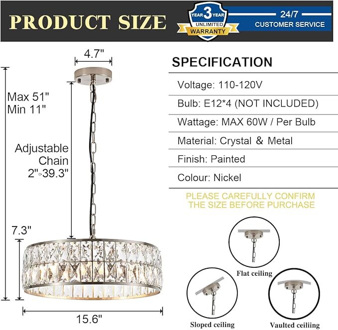 16” 4-Light Modern Crystal Chandeliers Nickel Dinning Room Light Fixture, Round Pendant Light Kitchen Island Chandelier, Flush Mount Ceiling Light for Living Room Entryway Bedroom Foyer-HomvellaHome