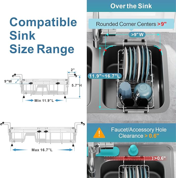 GSlife Expandable in Sink Small Dish Drying Rack - Stainless Steel Capacity Adjustable Over The Sink Dish Rack with Utensil Holder, 11.9“-16.7” L x 9" W x 5.7" H, Silver-HomvellaHome