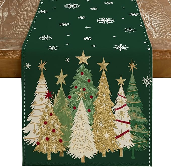 GEEORY Christmas Table Runner 13x90 Inch, Xmas Trees Snowflakes Holiday Decorative Farmhouse Table Decoration for Kitchen Dinning, Indoor Outdoor Dinner Party Decor (Green) GT152-90-HomvellaHome