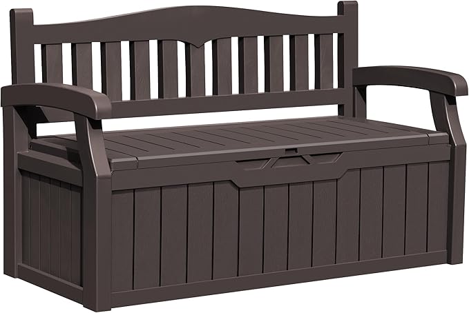 Greesum 80 Gallon Outdoor Storage Bench, Resin Patio Furniture with Armrest,Waterproof and UV-Resistant, Perfect to Garden, Poolside and Lawn, Dark Brown-HomvellaHome