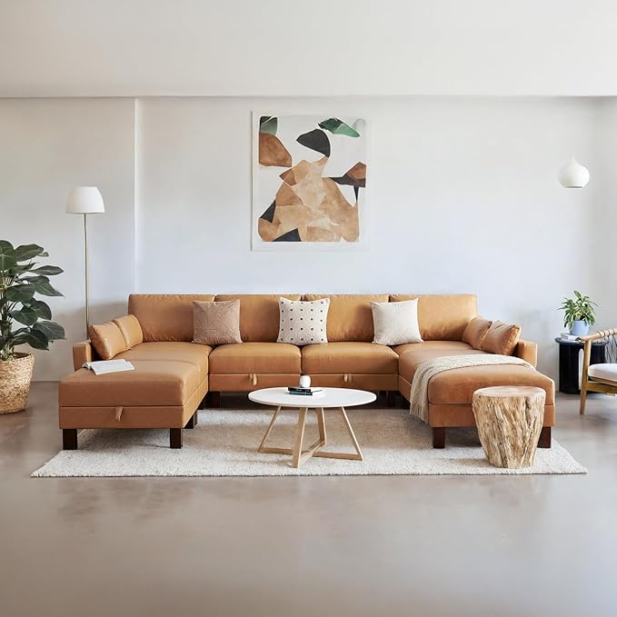 128'' Sleeper Couch, Large Sofa Bed with Storage, Faux Leather 8 Seater Sofa, Mid Century Modern Couch Sofa for Living Room, Guest Room, House, Apartment, Office, Loft, Tan-HomvellaHome