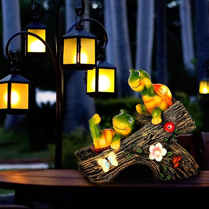 Garden Turtle Figurines Outdoor Decorations, Solar Statue Sweet Frog Face Turtles Decor with 4 LED Lights, Unique Garden Art Resin Statue Gifts for Patio Lawn Porch Yard-HomvellaHome