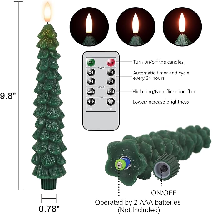 GenSwin Christmas Tree Flameless Taper Candles with Remote Timer, Christmas LED Taper Candles with 3D Flame, 4 Pcs Green LED Candlesticks for Christmas Home Decoration(0.78” x 9.8”)-HomvellaHome