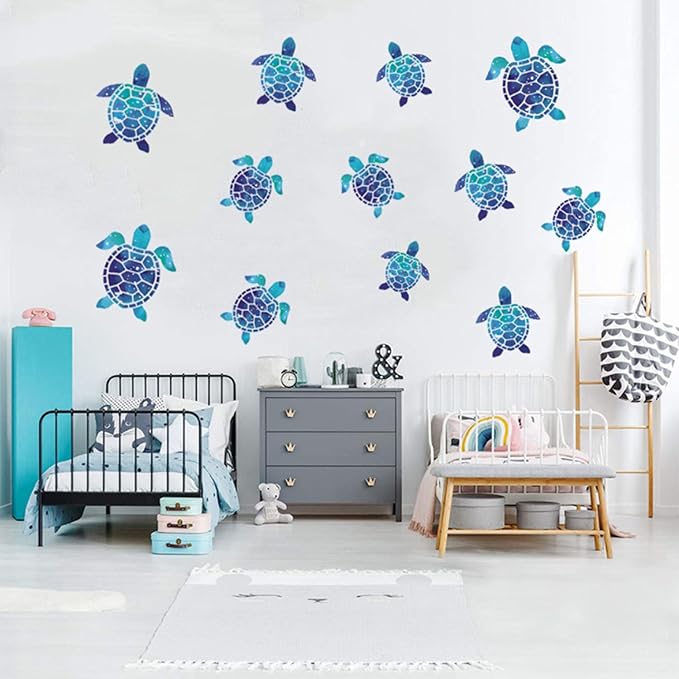 12pcs Sea Turtle Vinyl Stickers Underwater Ocean Decals Waterproof Wall Sticker Home and Bedroom Decoration, DIY Accessories, Blue-HomvellaHome