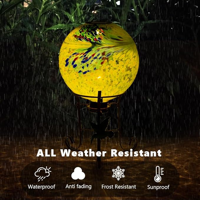 10" Diameter Solar Gazing Ball and 8.5" Metal Stand Indoor Outdoor Glass Globe Sphere Yard Art Ornament Solar Gazing Balls for Garden,Lawn,Porch,Patio Gardening Gift for Women(Yellow)-HomvellaHome