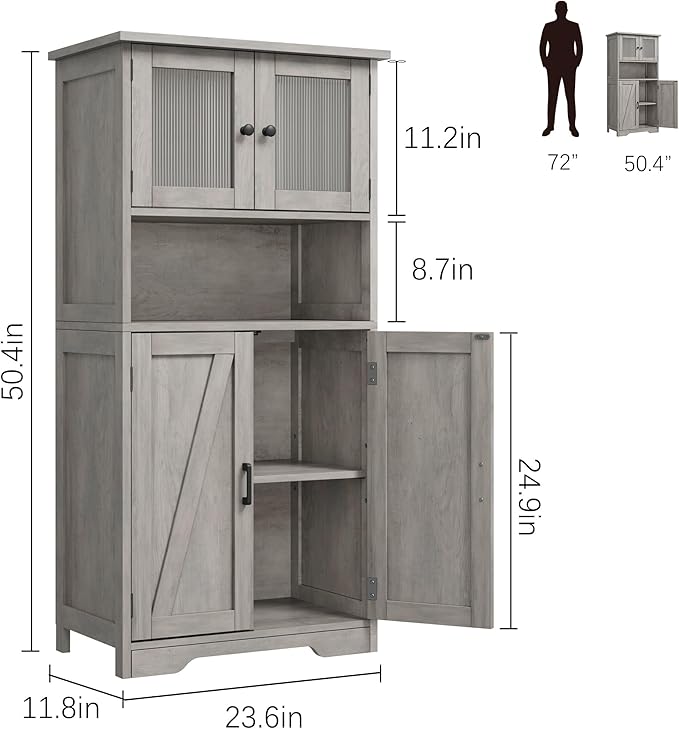 GarveeHome 54in Tall Bathroom Cabinet, Farmhouse Storage Cabinet with Glass Doors and Adjustable Shelves, Freestanding Kitchen Pantry Cabinets, Cupboard for Living Room, Dining Room, Gray-HomvellaHome
