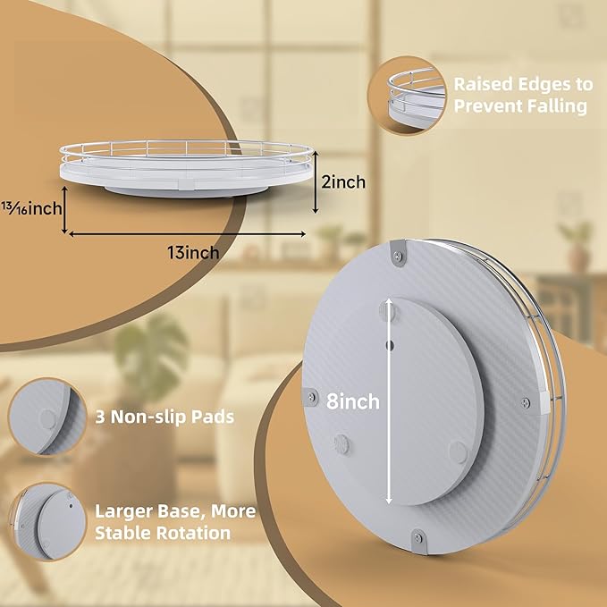 13" Lazy Susan Turntable Organizer for Table Top, Round Wooden Lazy Susan for Cabinet Kitchen Decor Centerpieces Coffee Table, Storage Condiments Spices, Bathroom Vanity Tray for Soap, White-HomvellaHome