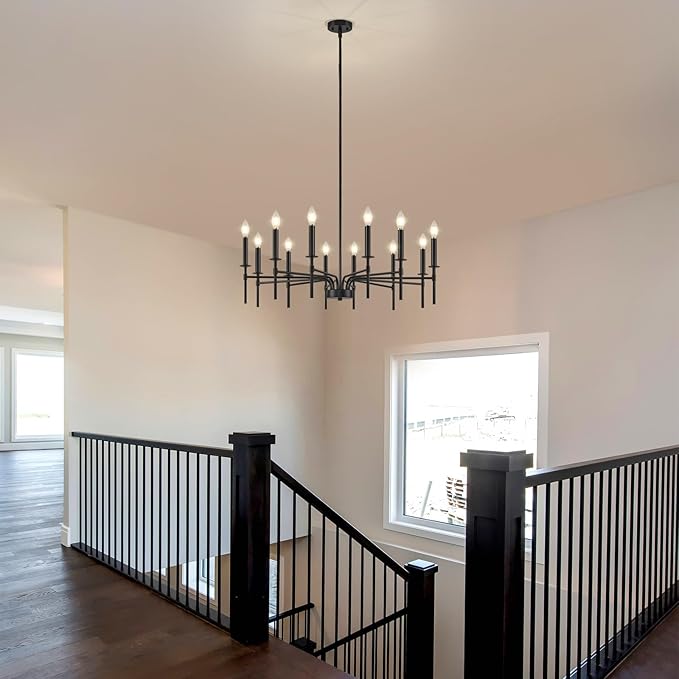 12 Light Black Chandelier Light Fixture, Modern Farmhouse Chandeliers for Dining Room Light Fixture, Metal Candle Pendant Chandelier for Foyer Entryway Stairs Living Room Bedroom Kitchen-HomvellaHome
