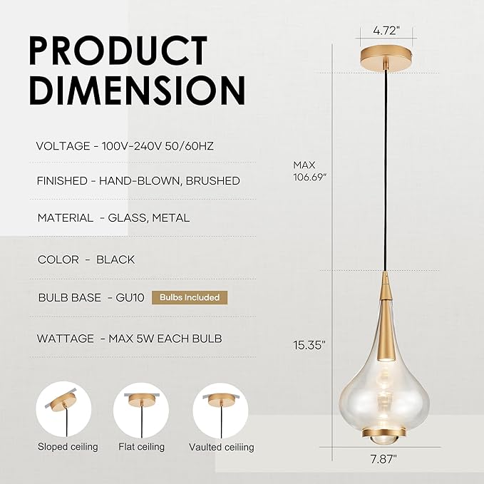 1-Light Teardrop Pendant Light, Brass Gold Ceiling Hanging Light Fxitures, LED Light Fixtures Ceiling Glass Pendant Lighting for Kitchen Island Dining Room Bar-HomvellaHome